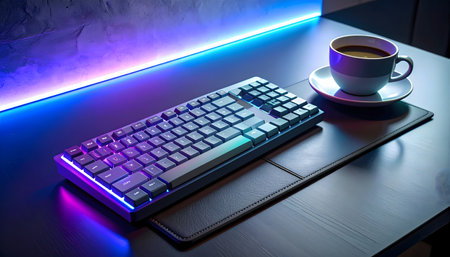 Generate a photorealistic image of a high-end wireless keyboard with glowing keys and an aesthetic, minimalist tech lifestyleの素材