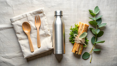 Flat lay composition with reusable thermo water bottle, cutlery and eucalyptus branch on white backgroundの素材