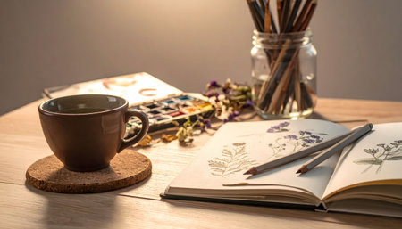 Relaxing art setup with a floral sketch, a steaming cup of herbal tea on a cork coaster, and dried flowers in a vase near a window.の素材