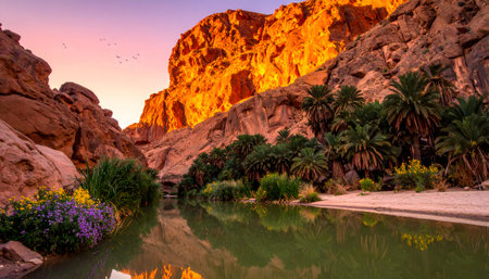 A beautiful contrast an explosion of green life and purple/yellow flowers against the warm, rough texture of the desert's canyon walls.の素材