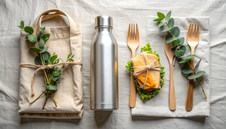 Minimalist zero-waste kit on a neutral canvas background, promoting sustainable living and environmental consciousness with natural materials.の素材