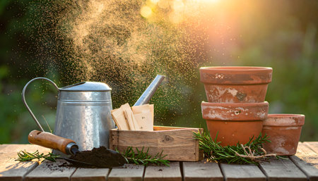 Still life of rustic gardening tools and herbs on a wooden table, with sunlight and mist highlighting the natural, simple joy of planting.の素材