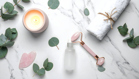 Minimalist wellness routine flat lay rose quartz face roller, cosmetic oil dropper bottle, rolled towel, and lit candle on white marble.の素材