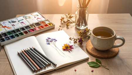 Home decor and lifestyle image representing an artistic pastime, focused on nature, painting, and a comforting warm drink.の素材