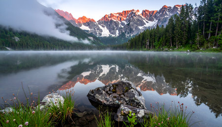 Generate a tranquil, photorealistic scene of a still mountain lake with mossy rocks in the foreground and perfect reflectionの素材