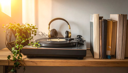 Vintage turntable vinyl record player with headphones, books and plant on wooden shelf at homeの素材