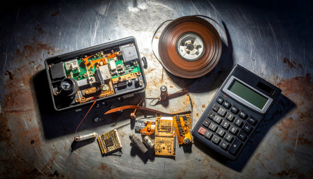 Dark and moody flat lay of vintage gadgets and broken tech, including copper wiring, batteries, and old magnetic tapeの素材
