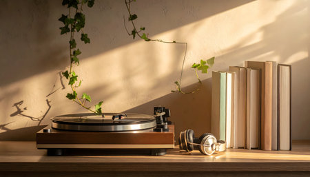 Still-life of vinyl-inspired relaxation: a turntable and books bathed in warm, sunlit window light, rustic shelfの素材