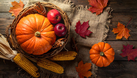 Dark and moody top-down still-life of heirloom pumpkin, red apples, and dried corn with cinnamon sticks and maple leavesの素材
