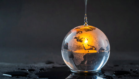 Glass globe sphere with water and map details on a cold, dark surface with a single point of warm internal light, dramaticの素材