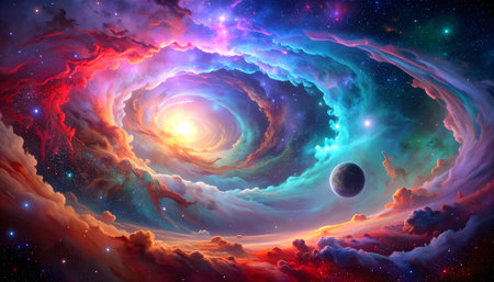 Abstract view of a colorful, gaseous nebula vortex, deep space background with countless stars and a dark planetの素材