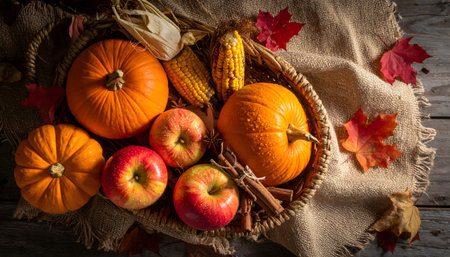 Autumn still life with pumpkins, apples, corn and leavesの素材
