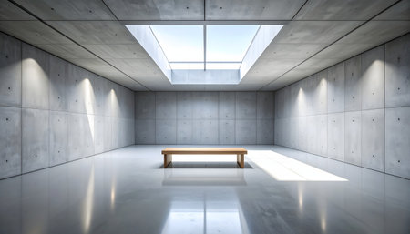 Wide-angle shot of a minimalist gallery space with concrete walls, polished floor, and a single wooden bench under a skylightの素材