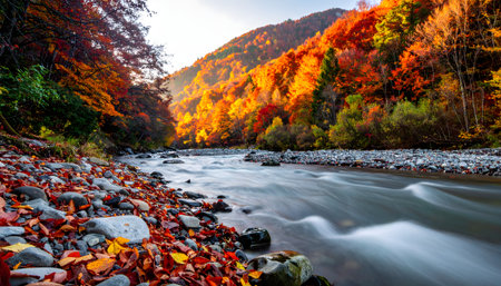 Winding river cutting through a valley filled with forests in full autumn bloom, leaves scattered on the rocky shoreの素材