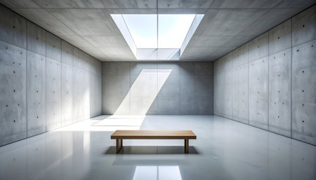 photorealistic, stark image of a vast, empty room with high ceilings, exposed concrete and a single focal pointの素材