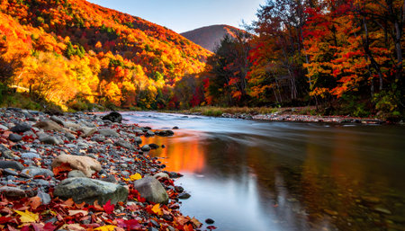 photorealistic image of a colorful autumn forest next to a rocky riverbank, glowing morning lightの素材