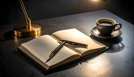 Simple, luxurious office still life with brass accents, emphasizing focus, quiet concentration, and a monochromatic, sophisticated aesthetic.の素材