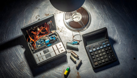 Top-down shot of obsolete technology components, a disassembled radio, calculator, and spools of tape, dark industrial settingの素材