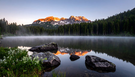 Still mountain lake at sunrise, surrounded by towering pine forests with glass-like water reflecting snow-capped peaksの素材