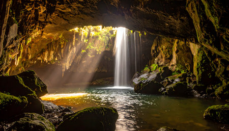 Generate a stunning, photorealistic image of a hidden cave with an internal waterfall, dramatic lighting, and natural poolの素材