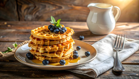 Comfort food still-life: golden brown waffles drizzled with syrup, surrounded by fresh blueberries and a pitcher of creamの素材