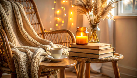 A cozy, inviting relaxation corner with a woven rattan armchair, draped with a chunky knitted beige throw, soft morning lightの素材