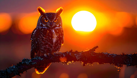 Stunning close-up of a large owl with prominent ear tufts, facing forward, with intense yellow eyes and brilliant golden backlighting.の素材