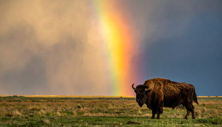 Bison standing stoically on a grassy plain against a dramatic sky with a full, vibrant rainbow arching over the landscapeの素材
