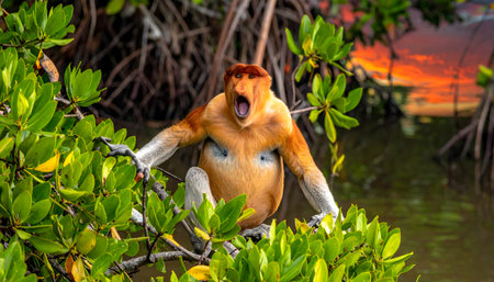 Endangered primate in Borneo's mangrove forest, with a distinctive long nose, golden-red fur, captured in an imposing pose.の素材