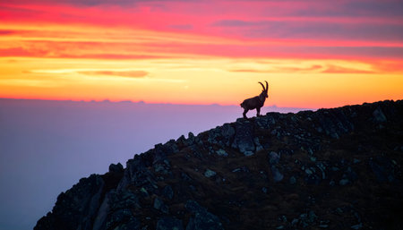 Stunning landscape portrait of an ibex's profile, emphasizing the shape of its horns and the fiery colors of the mountain sunset.の素材