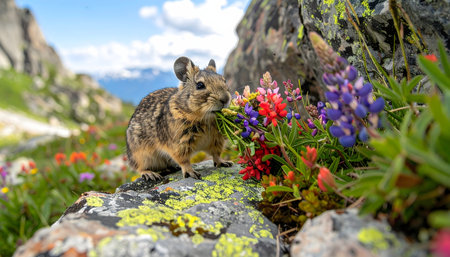 Cute wildlife photograph of a small, furry pika gathering its winter, with vibrant purple and red flowers in a sunny alpine meadowの素材