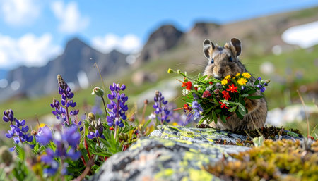Pika holding a colorful bouquet of alpine wildflowers in its mouth, perched on a rock against a bright mountain backgroundの素材