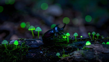 Macro photo of a shiny Rhinoceros Beetle crawling on a log, illuminated by the eerie glow of bioluminescent fungi on the dark forest floor.の素材