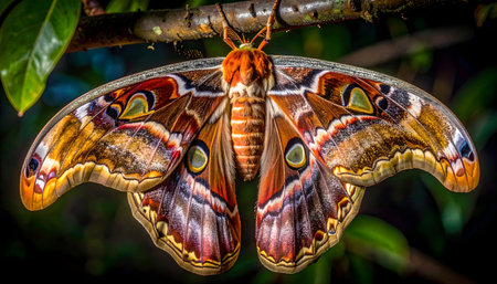 Detailed macro photo of a large moth on a branch at night, showcasing its vibrant patterns, rich colors, and ocellus eyespots in a dark jungle.の素材