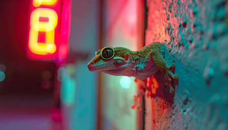 High-impact image capturing a small gecko in an urban environment at night, illuminated by the bright, artificial glow of neon signs.の素材