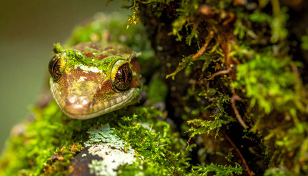 Incredible detail lizard, showing its rough texture, spiny head, and amazing eye in a tropical rainforest.の素材