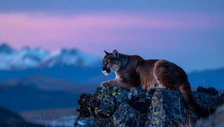 Image capturing a puma at rest on a cliff edge, with a beautiful backdrop of distant, rugged, snow-capped mountains.の素材
