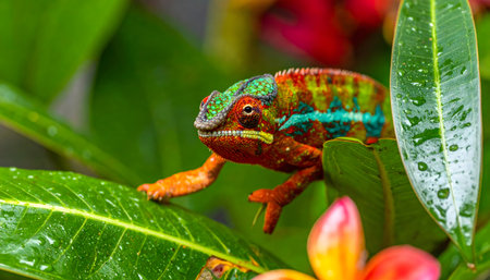 Detailed image of a beautiful Panther Chameleon blending with its environment on a large leaf, emphasizing its skin texture and vivid hues.の素材