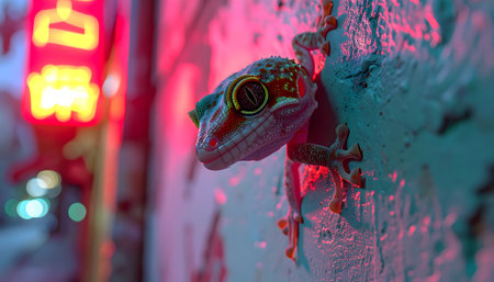 Macro close-up of a common house gecko clinging to a weathered wall, bathed in the vibrant, high-contrast colors of neon red and cyan light.の素材