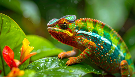 Close-up portrait of a colorful chameleon, showcasing its red, turquoise, and green markings as it grips a wet, rain-kissed leaf.の素材