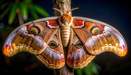 Spectacular close-up of a magnificent nocturnal moth with intricate wing patterns and warm earth tones, set against an out-of-focus dark jungle background.の素材