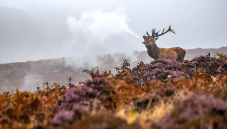 Medium shot of a male Red Deer in a misty, moorland environment, showcasing its power and the rugged beauty of its habitatの素材