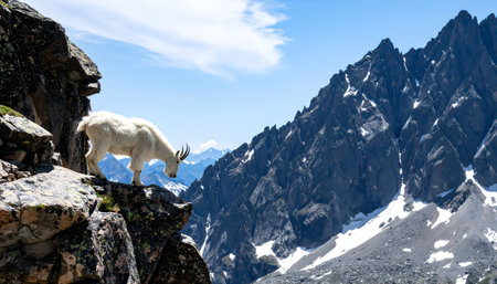 High-resolution image of a wild mountain goat defying gravity on a sheer rock face under a bright, sunny sky with scattered clouds.の素材