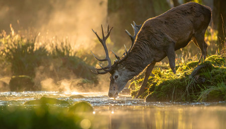 Wildlife photo of a large male deer lowering its head to the water's edge, surrounded by glowing mist, moss, and soft backlightingの素材