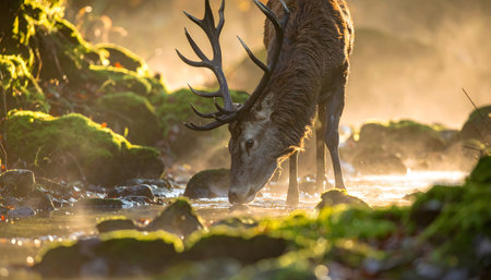 Red Deer stag with a full rack of antlers cautiously drinking from a misty, sun-drenched forest stream at dawn or duskの素材