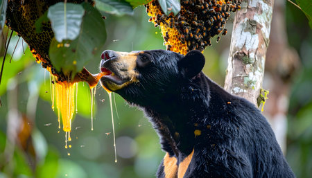 Low-angle view of an endangered sun bear consuming sweet honey, showcasing its long tongue and distinctive black and gold fur.の素材
