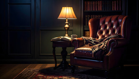 Cozy, classic study corner at night with warm lamp light illuminating a tufted leather armchair, an open book, and rich wood-paneled bookshelves.の素材