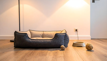 Interior shot of a minimalist pet sleeping area with a comfortable, dark gray dog bed and a feeding bowl, illuminated by a warm lamp lightの素材