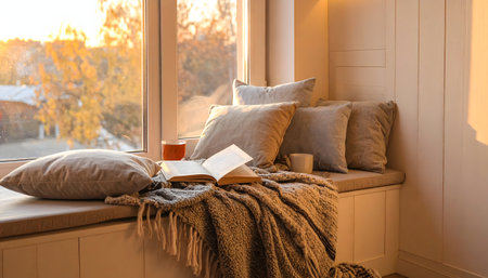 Beautifully designed interior window bench with comfortable seating, emphasizing a warm and restful atmosphere during the golden hour or sunset.の素材