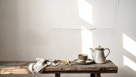 Minimalist, eye-level still life of a textured ceramic teapot and steaming cup on a rough, reclaimed wooden table in soft morning light.の素材